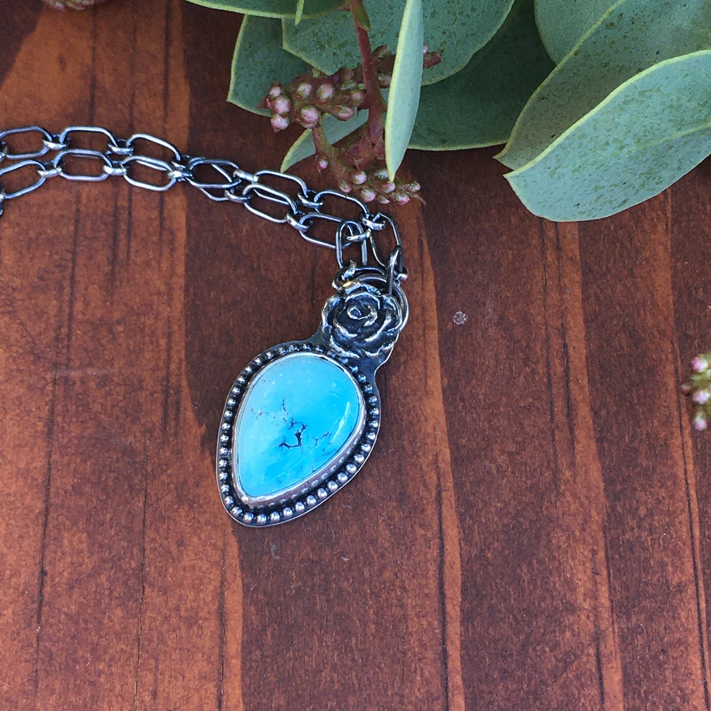 Blue Moon Turquoise pendant Flower Rose Necklace handmade gemstone sterling silver hippie cowgirl gift mom sister wife girlfriend garden