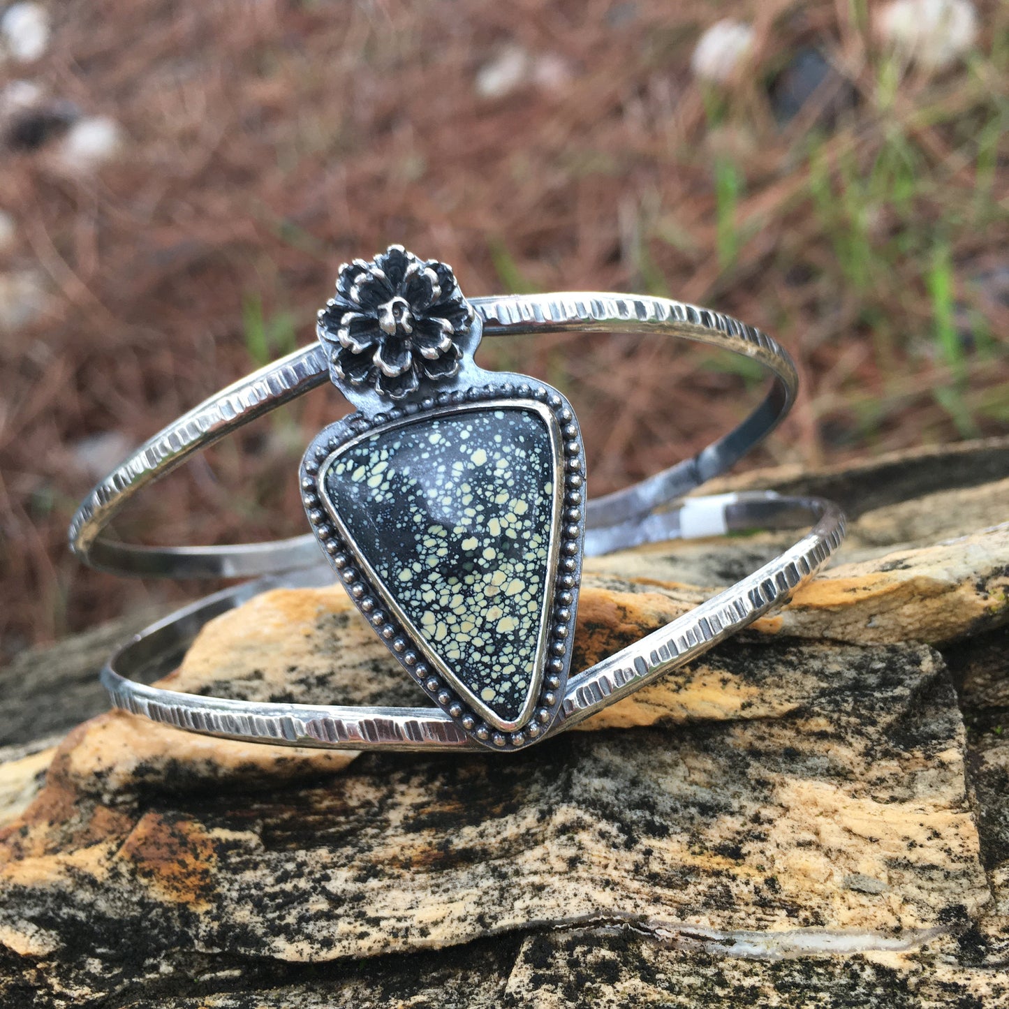 Rare Star Fox Variscite Yellow Black large Hammered Cuff Bracelet Sterling Silver Starry speckled flower rose peony dahlia carnation bloom