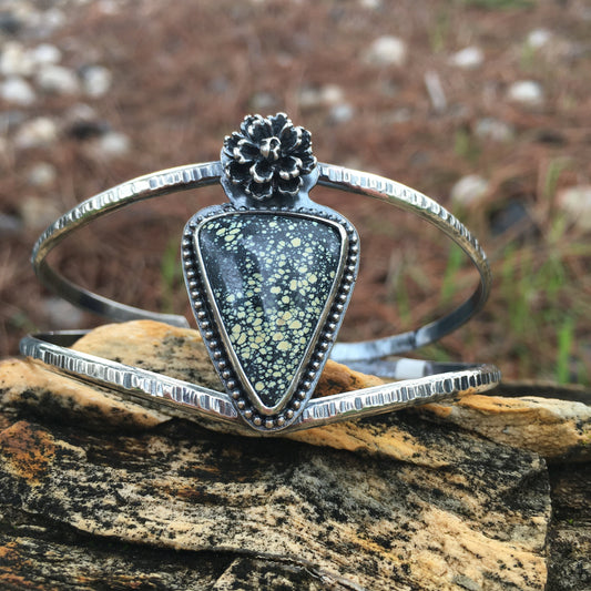 Rare Star Fox Variscite Yellow Black large Hammered Cuff Bracelet Sterling Silver Starry speckled flower rose peony dahlia carnation bloom