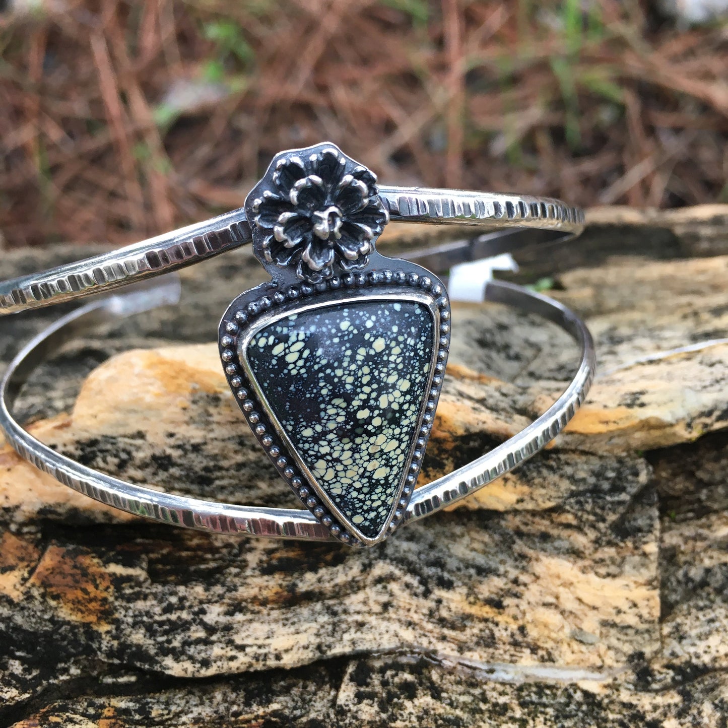 Rare Star Fox Variscite Yellow Black large Hammered Cuff Bracelet Sterling Silver Starry speckled flower rose peony dahlia carnation bloom