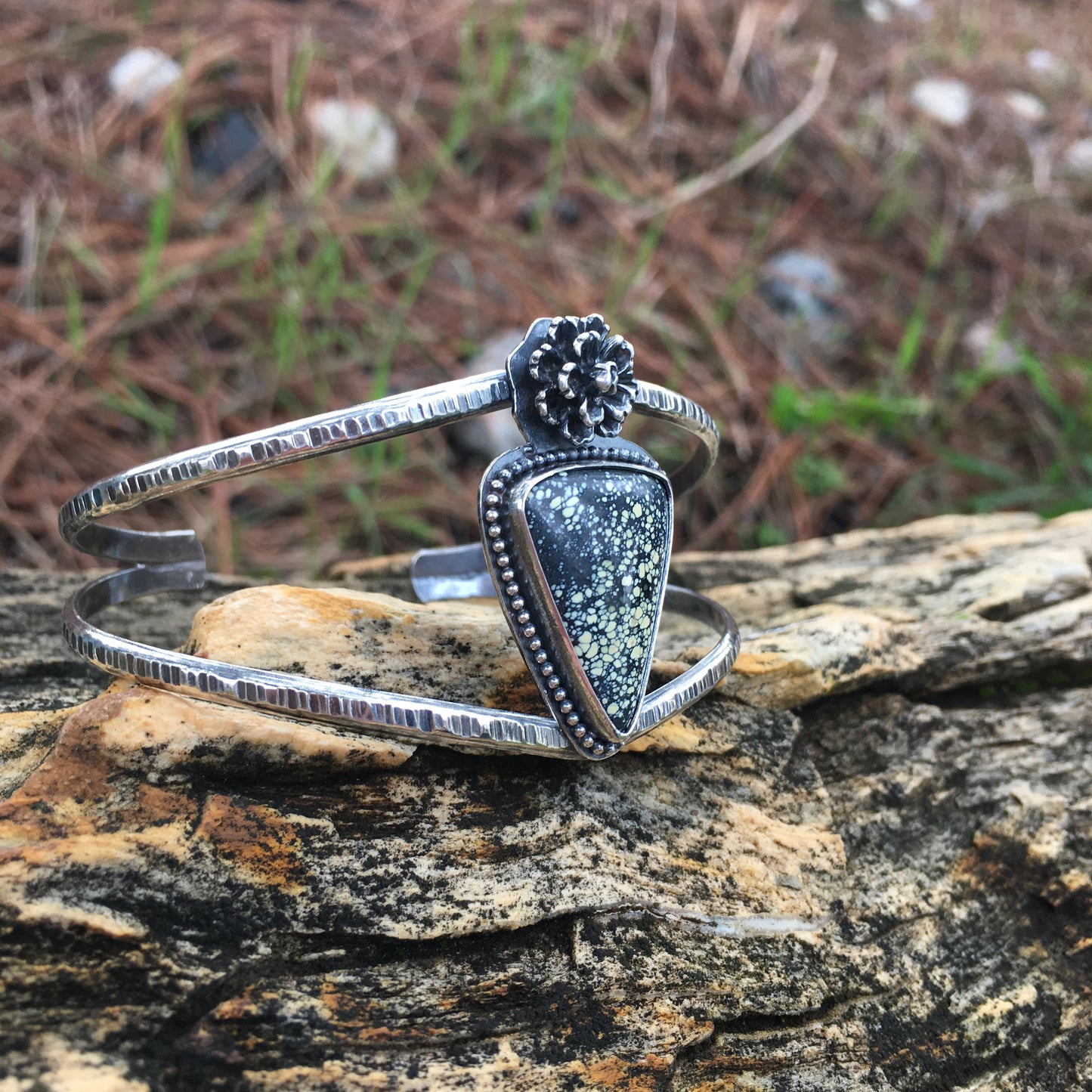 Rare Star Fox Variscite Yellow Black large Hammered Cuff Bracelet Sterling Silver Starry speckled flower rose peony dahlia carnation bloom