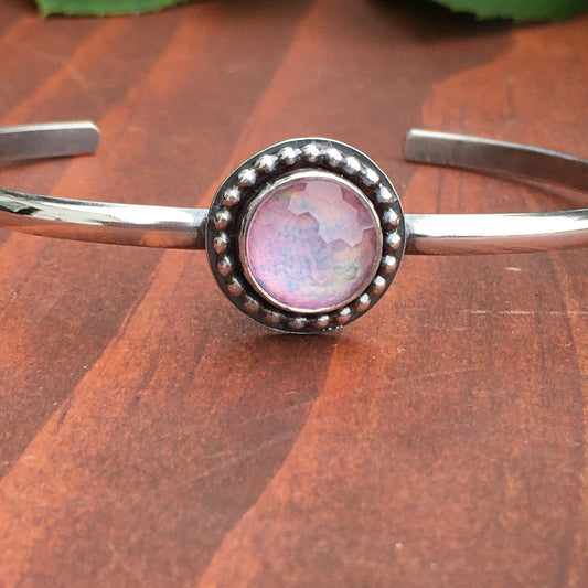 Faceted Quartz Opal Doublet Pink Cuff Bracelet Sterling Silver Handcrafted Artisan