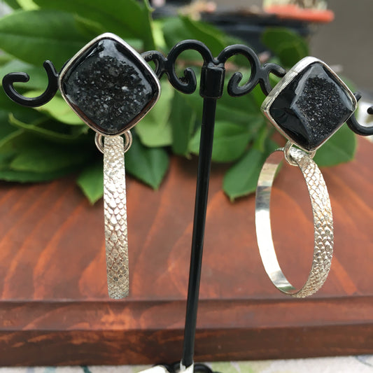 Black Druzy hoops Sterling Silver Stud back earrings