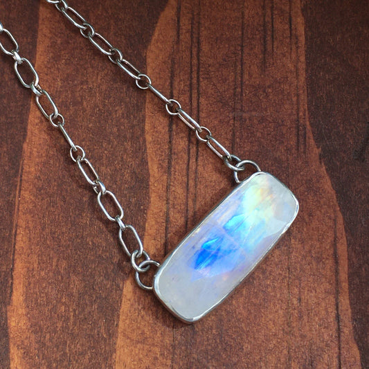 Faceted Moonstone Blue Rainbow Glowing reflection Necklace handmade gemstone sterling silver hippie cowgirl gift mom sister wife girlfriend