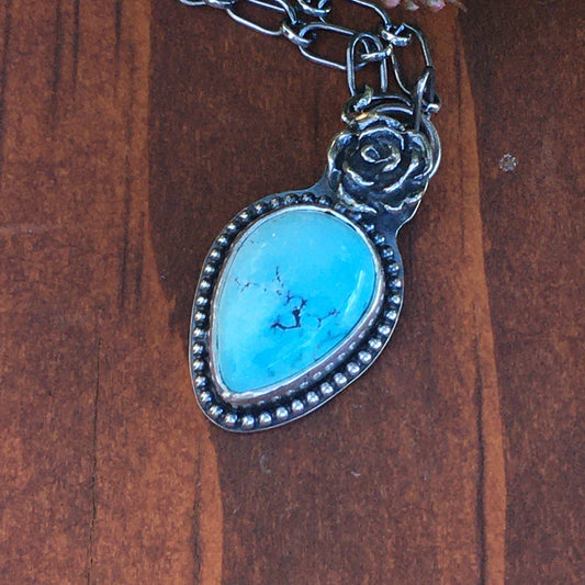 Blue Moon Turquoise pendant Flower Rose Necklace handmade gemstone sterling silver hippie cowgirl gift mom sister wife girlfriend garden
