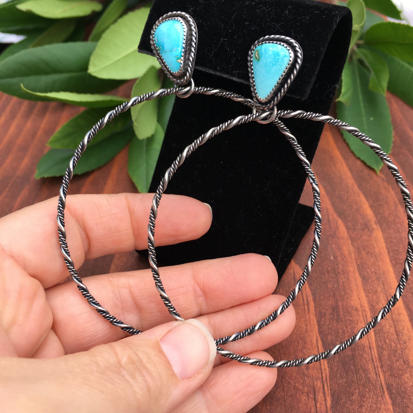 Huge Sonoran Mountain Blue Green Turquoise Large Hoops Chunky Twisted Design Stud Earrings Sterling Silver Bohemian dancing western concert