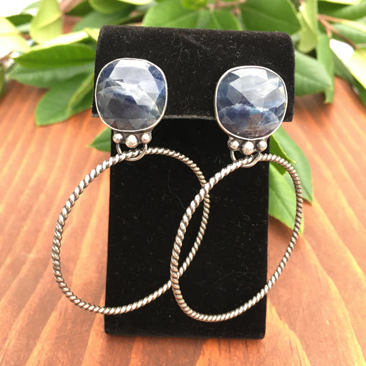 Dark Blue Sapphires Large Hoops Chunky Design Stud Earrings Sterling Silver