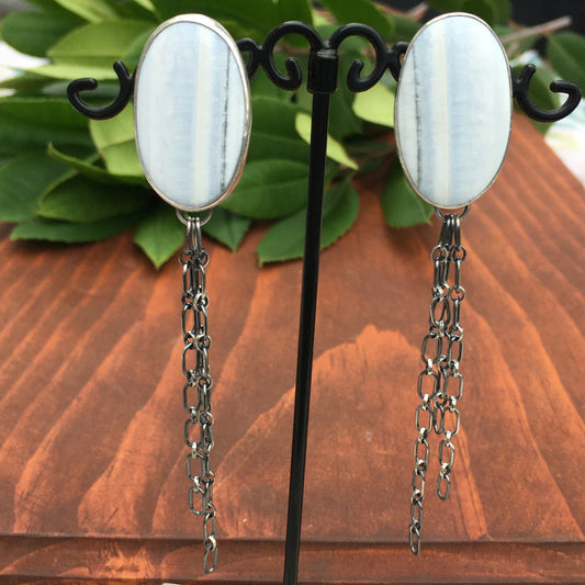 Blue Agate Dangle chain Stud back Earrings Sterling Silver gift womens blue ocean movement mom sister special event anniversary hippie