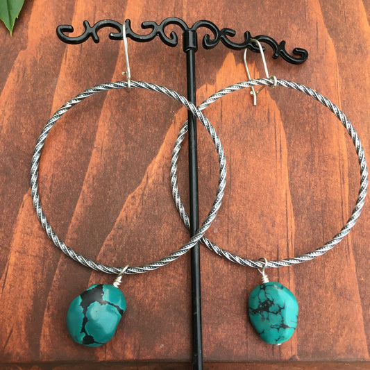 Fun Large Turquoise Hoop earrings French hook back E Sterling Silver
