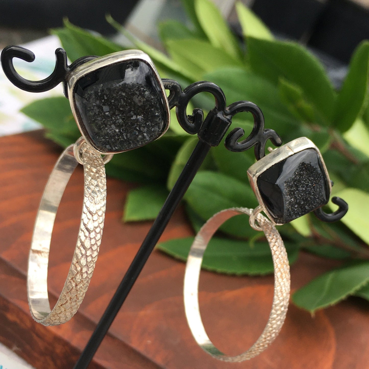 Black Druzy hoops Sterling Silver Stud back earrings