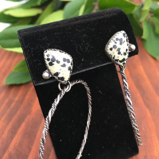 Dalmatian Jasper White Black hoops Sterling Silver Stud back earrings