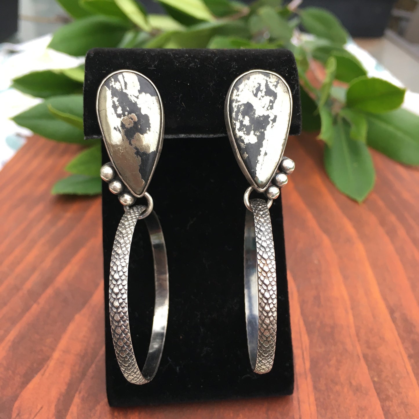 Pyrite textured hoops Sterling Silver Stud back earrings