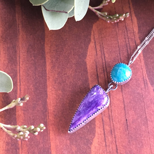 Amazonite Charoite dangle Pendant Necklace purple green handmade gemstone sterling silver hippie cowgirl gift mom sister wife girlfriend